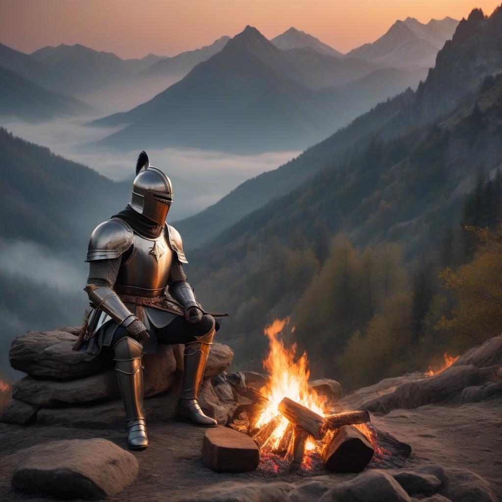  The knight sits by the fire in the mountains at sunset. hyperrealistic, full body, detailed clothing, highly detailed, cinematic lighting, stunningly beautiful, intricate, sharp focus, f/1. 8, 85mm, (centered image composition), (professionally color graded), ((bright soft diffused light)), volumetric fog, trending on instagram, trending on tumblr, HDR 4K, 8K