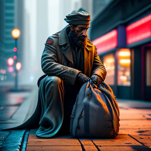 estilovintedois photo about homeless Cinematic Quality hyperrealistic, full body, detailed clothing, highly detailed, cinematic lighting, stunningly beautiful, intricate, sharp focus, f/1. 8, 85mm, (centered image composition), (professionally color graded), ((bright soft diffused light)), volumetric fog, trending on instagram, trending on tumblr, HDR 4K, 8K