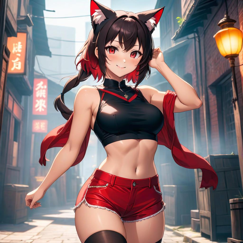  anime artwork A nine yea , beautiful face, tight open and black red top, perfect body shape, big s size 3, black red shorts, cat ears, smiling, has a good press, toned legs and arms, wide shoulders, lies . . anime style, key visual, vint, studio anime, highly detailed hyperrealistic, full body, detailed clothing, highly detailed, cinematic lighting, stunningly beautiful, intricate, sharp focus, f/1. 8, 85mm, (centered image composition), (professionally color graded), ((bright soft diffused light)), volumetric fog, trending on instagram, trending on tumblr, HDR 4K, 8K