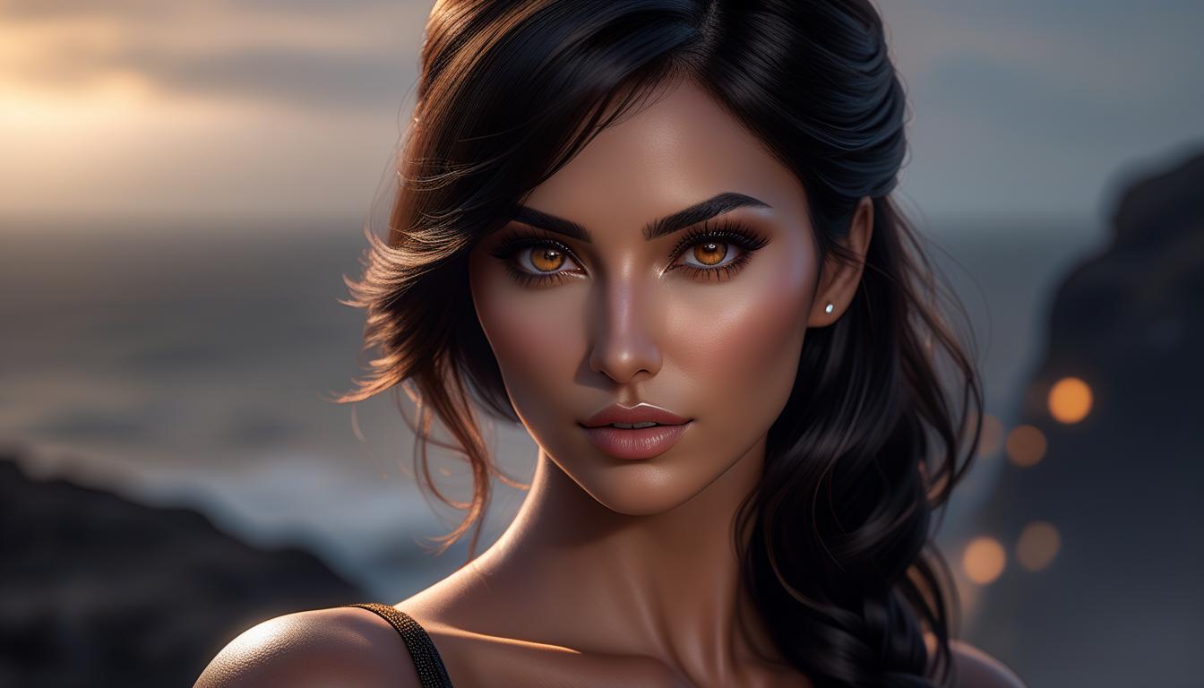  hyperrealistic art . . A frontal close up shot of a mysterious, rugged, bold looking woman with dark hair, bare medium sized s, erect s, only visible from the waist up, and the background is dark, matte, bokeh and indistinguishable. And her head and are right in front of the view, blocking everything else, but it is all black nothingness. Her dark brown eyes sparkle like fire and look defiant and bold. Her skin is tanned and very smooth, her hair is dark brown, wavy and falls onto her cheek on the right side of her face. . extremely high resolution details, photographic, realism pushed to extreme, fine texture, incredibly lifelike hyperrealistic, full body, detailed clothing, highly detailed, cinematic lighting, stunningly beautiful, intricate, sharp focus, f/1. 8, 85mm, (centered image composition), (professionally color graded), ((bright soft diffused light)), volumetric fog, trending on instagram, trending on tumblr, HDR 4K, 8K