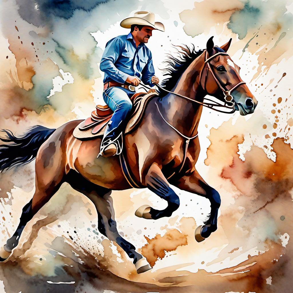  Create a watercolor painting of a man ridding a bucking horse at a rodeo. The background features soft, watercolor style splashes in earthy tones, giving the image an artistic and dreamy feel. Ensure the overall image has a delicate watercolor effect.