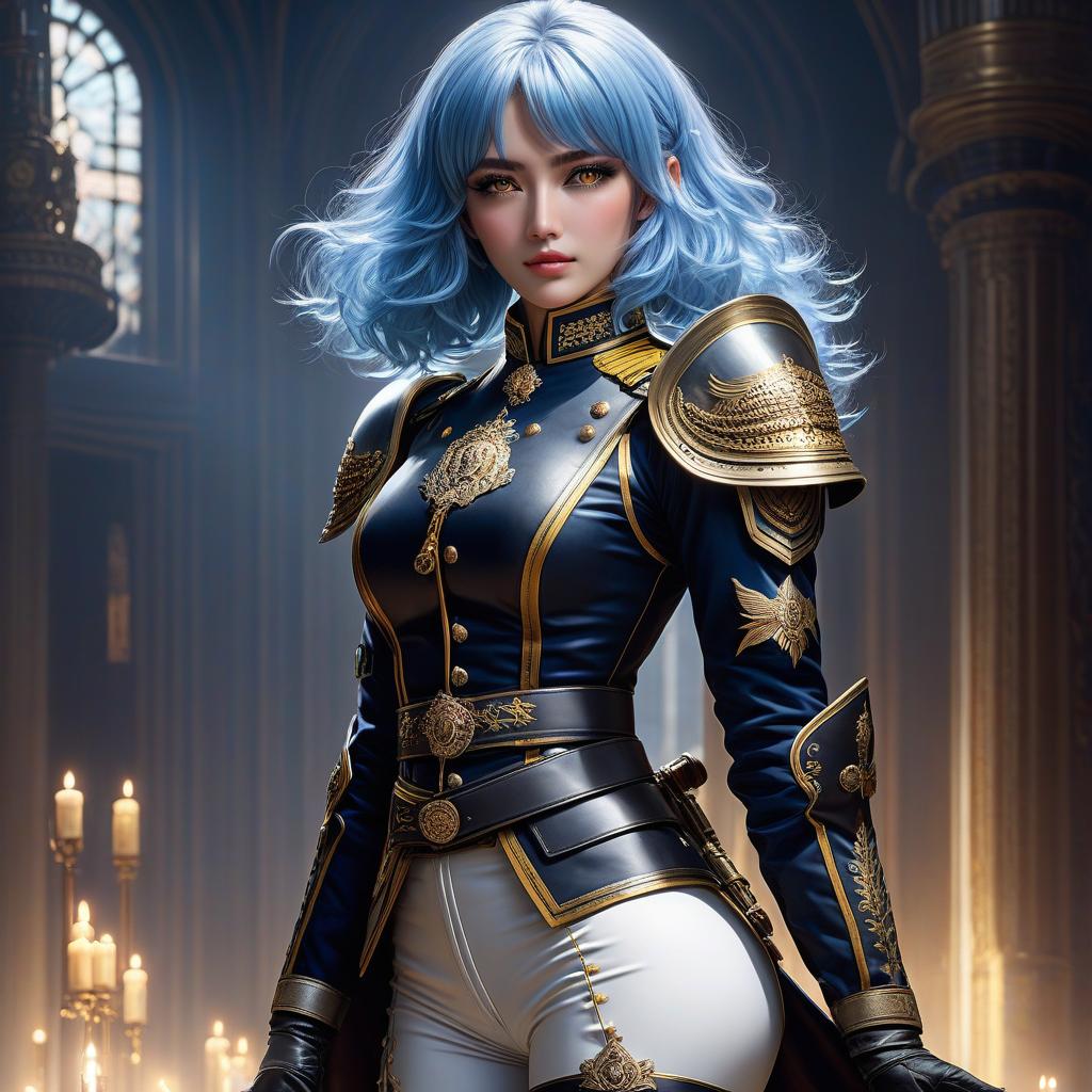  Girl, female cuirassier, ((full body)), blue hair, bob cut, bright yellow eyes, glowing eyes, hourglass figure, fully clothed, military uniform, (19th century ceremonial uniform), (cuirass), white clothes, white cloak, ((white leggings )), riding pants, black boots, over the knee boots, thigh high boots, tight boots, belt, choker, epaulettes, awards, ((prayer)), hands folded in a prayer gesture, looking at viewer, (extremely hyper detailed face), (masterpiece : 1.4), (perfect eyes: 1.1), (perfect hands), 2D, anime, extremely detailed clothes. hyperrealistic, full body, detailed clothing, highly detailed, cinematic lighting, stunningly beautiful, intricate, sharp focus, f/1. 8, 85mm, (centered image composition), (professionally color graded), ((bright soft diffused light)), volumetric fog, trending on instagram, trending on tumblr, HDR 4K, 8K