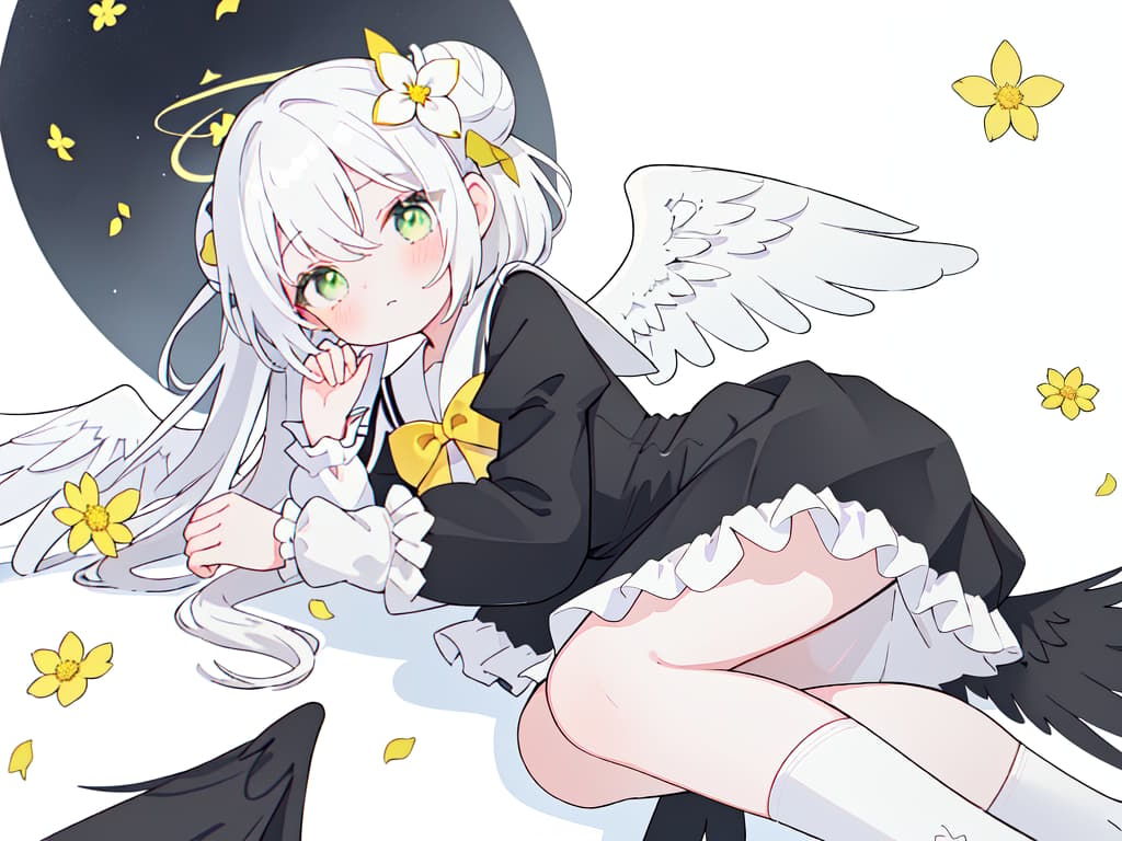  1girl,halo,on side,hair ornament,white background,yellow bow,flower,black dress,feathered wings,blush,black sailor collar,two bun hair,hair between eyes,closed mouth,,white hair,dress,puffy long sleeves,long sleeves,lying,puffy sleeves,socks, green eyes,wings,hair flower,pleated dress,ribbon trim,sailor collar,high socks,solo,frills,white socks,crossover,loose socks,sailor dress,petals,bow,simple background,ribbon trimmed sleevesmasterpiece,newest,absurdres,safe, masterpiece, best quality,8k,ultra detailed,high resolution,an extremely delicate and beautiful,hyper detail