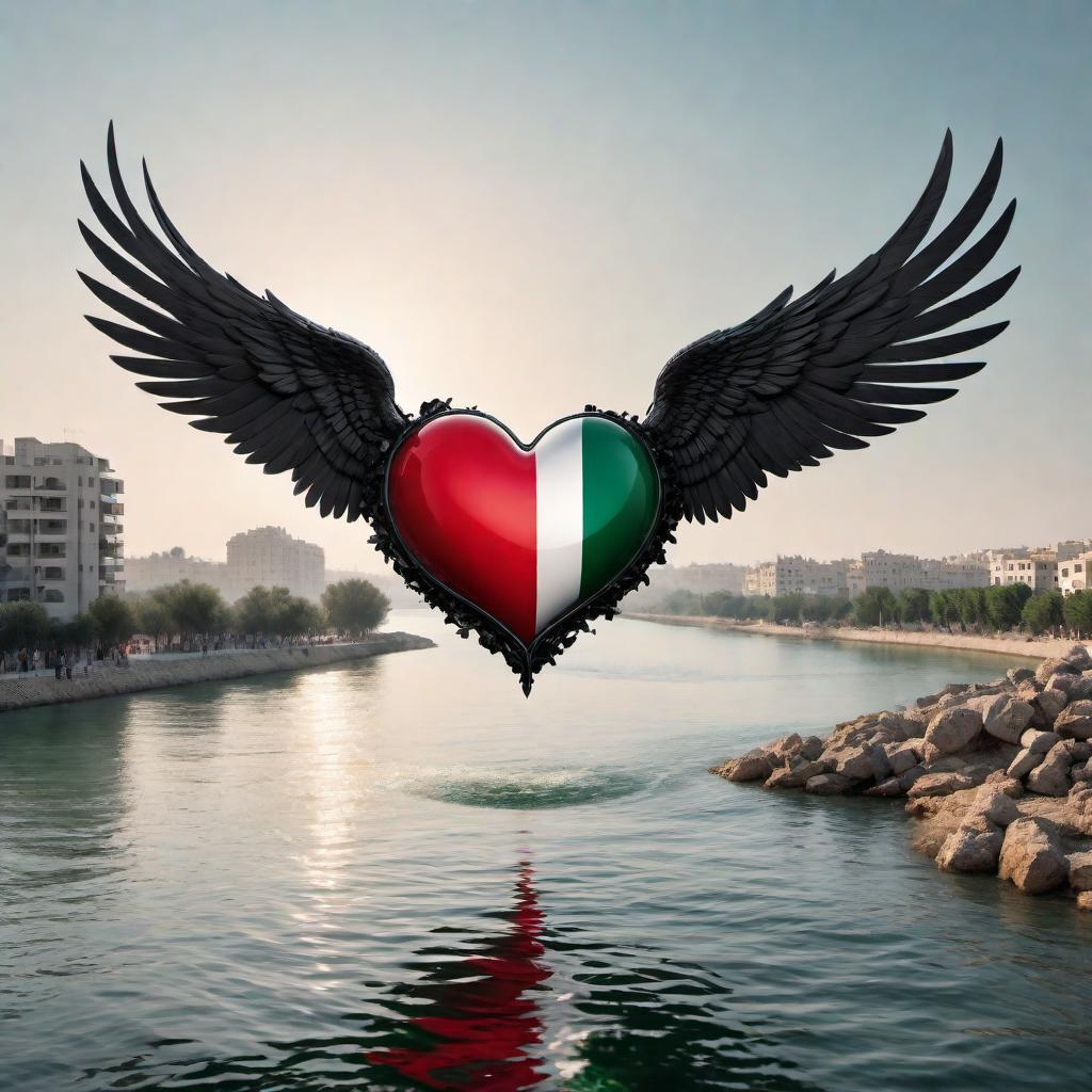  An image of a heart shape with wings waving the Palestine flag over a river or sea. The heart incorporates the colors black, white, green, and red of the Palestine flag. The wings should give a sense of motion, fluttering over the water, with reflections visible on the river or sea surface. The overall composition should evoke feelings of love, unity, and freedom. hyperrealistic, full body, detailed clothing, highly detailed, cinematic lighting, stunningly beautiful, intricate, sharp focus, f/1. 8, 85mm, (centered image composition), (professionally color graded), ((bright soft diffused light)), volumetric fog, trending on instagram, trending on tumblr, HDR 4K, 8K