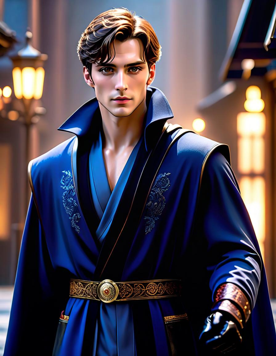  cinematic photo A tall man, with short brown hair, and (dark eyes). He is wearing a blue robe with a belt at the waist. Leather chestplate. His pants are black. Black fingerless gloves. . 35mm photograph, film, bokeh, professional, 4k, highly detailed hyperrealistic, full body, detailed clothing, highly detailed, cinematic lighting, stunningly beautiful, intricate, sharp focus, f/1. 8, 85mm, (centered image composition), (professionally color graded), ((bright soft diffused light)), volumetric fog, trending on instagram, trending on tumblr, HDR 4K, 8K