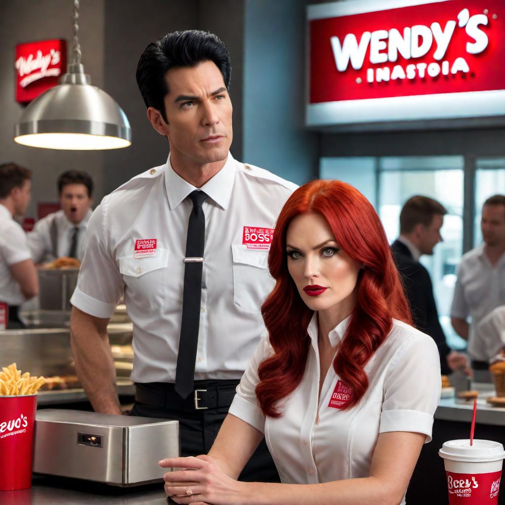  A scene at Wendy's featuring an employee with black hair getting yelled at by his boss, who is a female redhead. The background should depict a typical Wendy's restaurant setting with the logo visible. The boss looks angry and assertive, while the employee looks distressed. hyperrealistic, full body, detailed clothing, highly detailed, cinematic lighting, stunningly beautiful, intricate, sharp focus, f/1. 8, 85mm, (centered image composition), (professionally color graded), ((bright soft diffused light)), volumetric fog, trending on instagram, trending on tumblr, HDR 4K, 8K