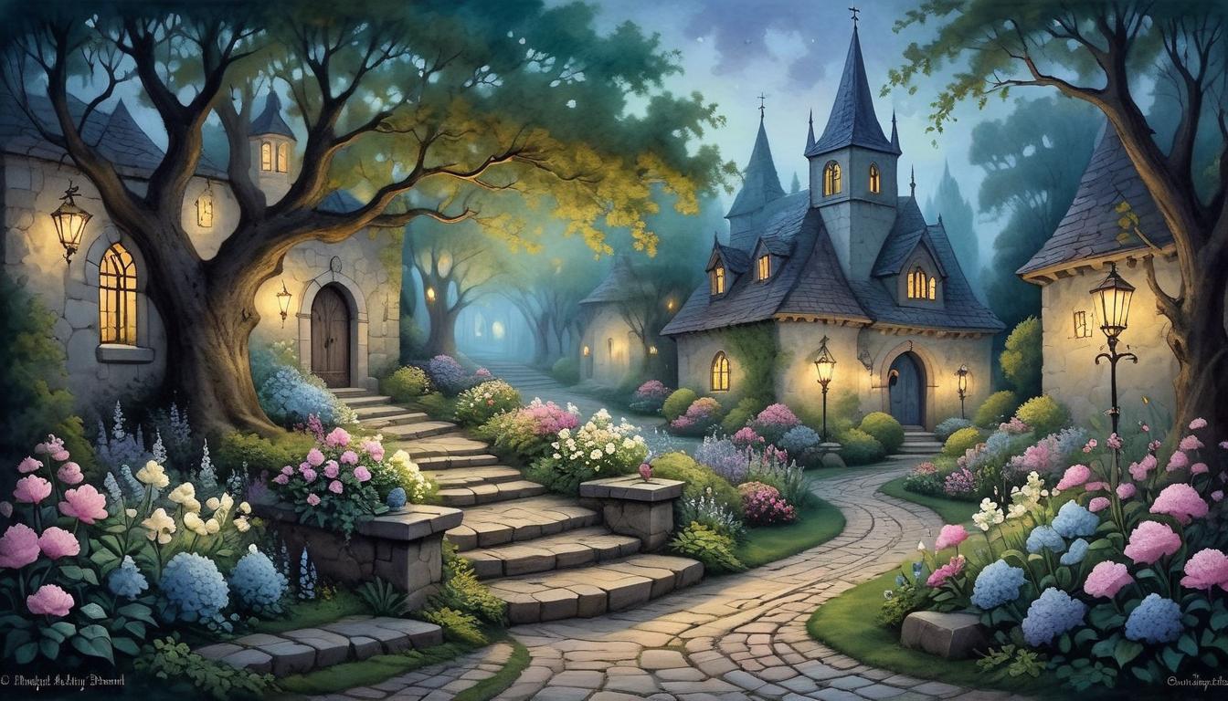  on parchment, surrealism+++, A secluded garden enveloped in twilight, soft luminescent flowers, whispering trees, cobblestone path leading to a hidden bench, serene retreat(mysterious, provocative, symbolic,muted color)+++