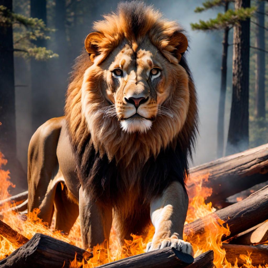  A powerful lion emerging from a roaring fire, its mane ablaze with flames, showcasing strength and courage. hyperrealistic, full body, detailed clothing, highly detailed, cinematic lighting, stunningly beautiful, intricate, sharp focus, f/1. 8, 85mm, (centered image composition), (professionally color graded), ((bright soft diffused light)), volumetric fog, trending on instagram, trending on tumblr, HDR 4K, 8K