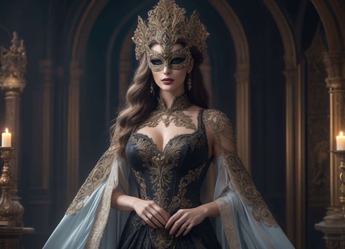  gothic style "Whimsical masquerade ball, with intricate, alluring, unique, creative masks and costumes" "head and shoulders portrait, 8k resolution concept art portrait by Greg Rutkowski, Artgerm, WLOP, Alphonse Mucha dynamic lighting hyperdetailed intricately detailed Splash art trending on Artstation triadic colors Unreal Engine 5 volumetric lighting . dark, mysterious, haunting, dramatic, ornate, detailed hyperrealistic, full body, detailed clothing, highly detailed, cinematic lighting, stunningly beautiful, intricate, sharp focus, f/1. 8, 85mm, (centered image composition), (professionally color graded), ((bright soft diffused light)), volumetric fog, trending on instagram, trending on tumblr, HDR 4K, 8K