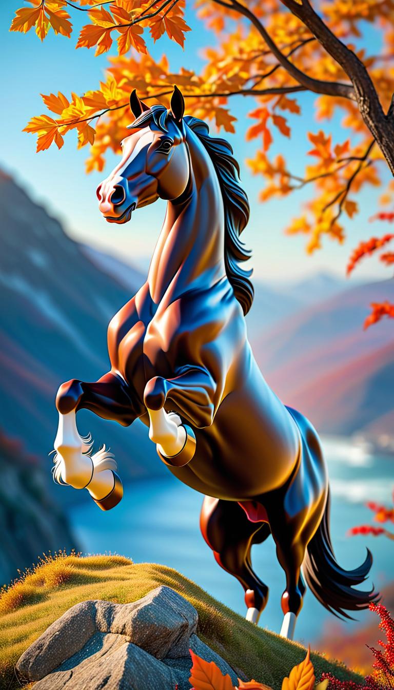  Professional 3D model of A beautiful, graceful horse stands on top of a mountain and looks out over the sea. It's autumn and leaves are blowing in the wind. The horse stands under a tree. . Rendered with Octane, the model is highly detailed,dramatic lighting. hyperrealistic, full body, detailed clothing, highly detailed, cinematic lighting, stunningly beautiful, intricate, sharp focus, f/1. 8, 85mm, (centered image composition), (professionally color graded), ((bright soft diffused light)), volumetric fog, trending on instagram, trending on tumblr, HDR 4K, 8K