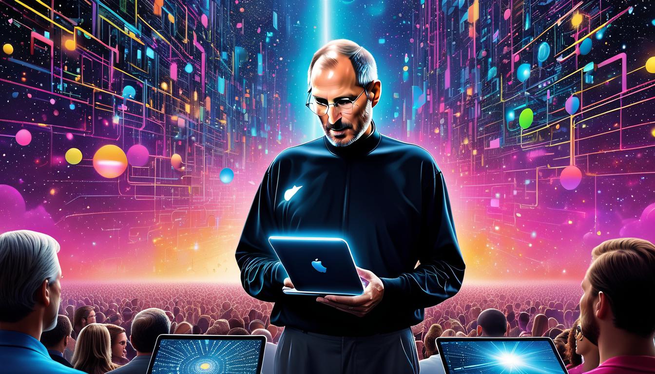  fluorescent dust, fluorescent spraypaint, fluorescent grain, fluorescent make up Steve Jobs presenting a new Apple product to a crowd of skeptical onlookers. The background features elements of the tech environment, such as circuit boards and digital interfaces. Celestial beings with skeptical yet curious expressions hover around the scene, sense of challenge and innovation.dust, cinematic film, best quality, high resolution, realistic, 8k, dynamic angle, serene, extremely detailed, absurdres particle effect, wonderful night dreamlike glowing masterpiece, celestial, detailed, realistic, image concept art, phenomenal mesmerise, maximalist,