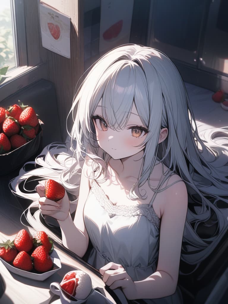  Cute, , white skin, thin body, fluffy hair, , camisole, strawberry, fruit, white hair, young face, long hair, masterpiece, best quality,8k,ultra detailed,high resolution,an extremely delicate and beautiful,hyper detail