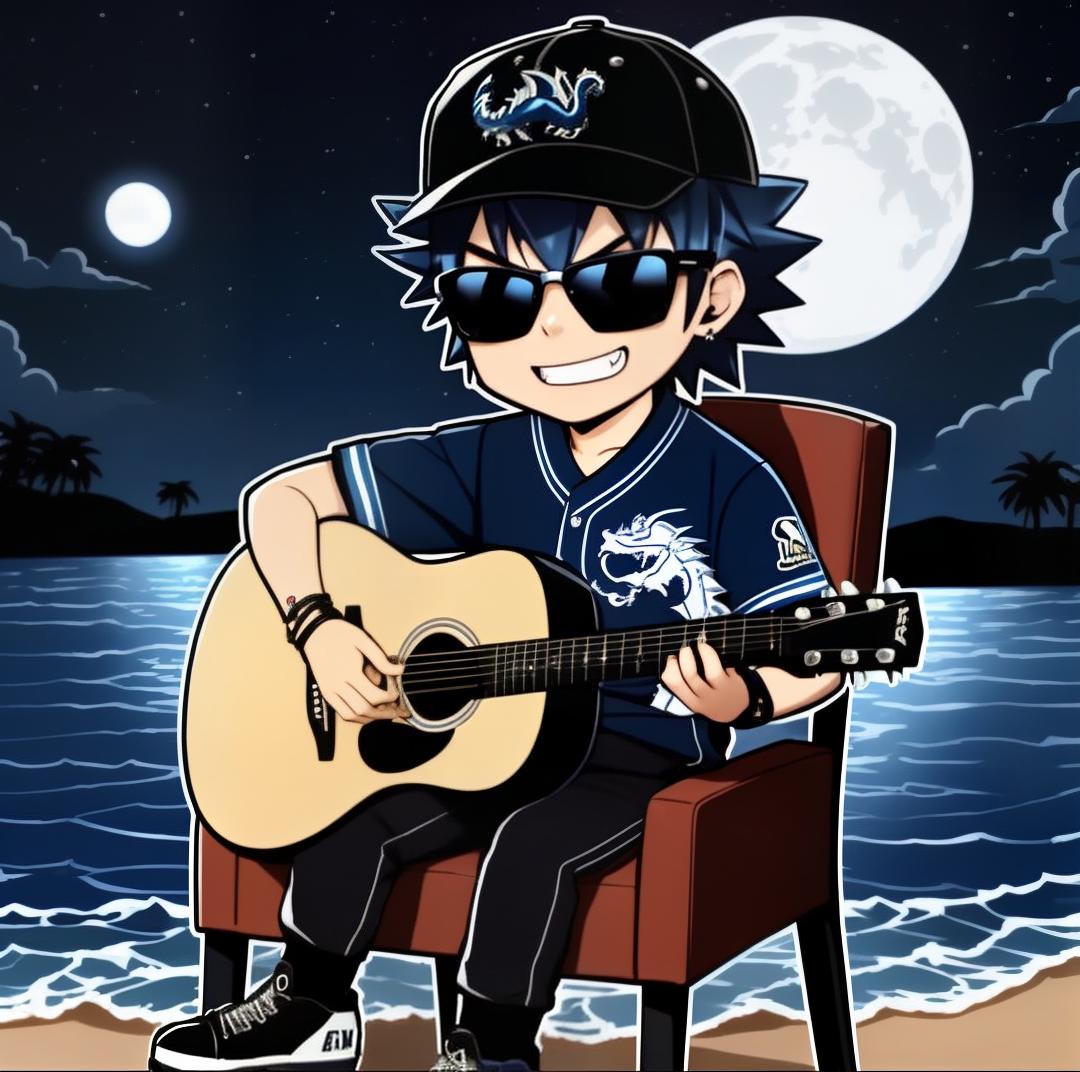  A 17-year old male musician with short spiky dark blue hair, silver blue eyes, and sunglasses wearing a dark blue collared sea dragon print baseball pitcher jersey, matching black pants and cleats, and a matching hat playing an acoustic guitar sitting down in a chair at the beach at nighttime under the moon with an angry smile. Chibi style., ((best quality)), ((masterpiece)), highly detailed, absurdres, HDR 4K, 8K