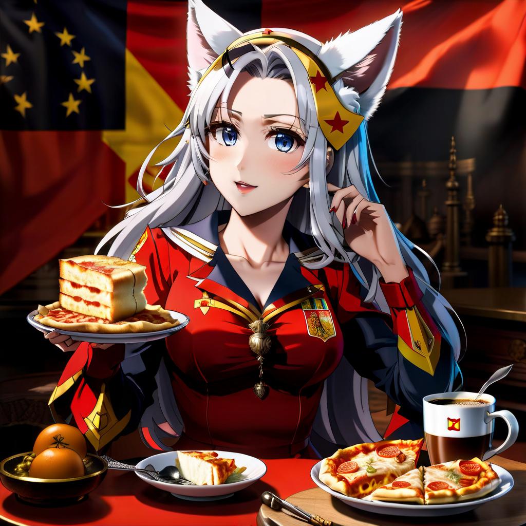  anime artwork The ruler of the country of Spain in 1942 named Kofi Pizza (girl with white cat ears, that likes coffee and drawing) , the country of Spain with the ideology of monarchism, the flag of the country of Spain with the ideology of monarchism on the background . anime style, key visual, vibrant, studio anime, highly detailed hyperrealistic, full body, detailed clothing, highly detailed, cinematic lighting, stunningly beautiful, intricate, sharp focus, f/1. 8, 85mm, (centered image composition), (professionally color graded), ((bright soft diffused light)), volumetric fog, trending on instagram, trending on tumblr, HDR 4K, 8K