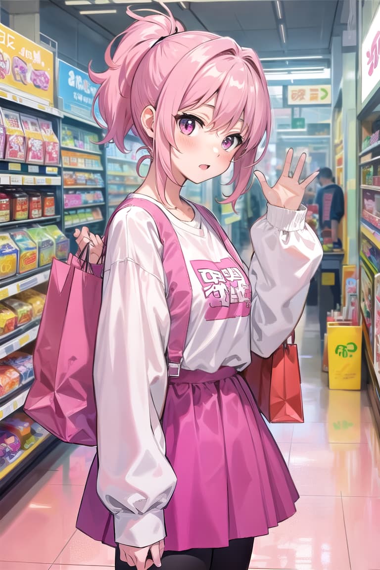  Anime style,pink haired ,ponytail,large eyes,shopping,pink ,room,change clothes,bed,take off