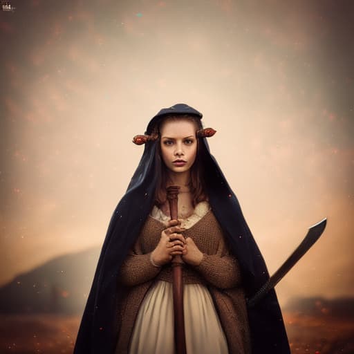 portrait+ style women, (masterpiece:1.2), (best quality:1.2), (very aesthetic:1.2), (absurdres:1.2), (detailed background),newest,cloak, holding lighted sword, women, weapon, hair over eyes, sword, hood, solo, holdin