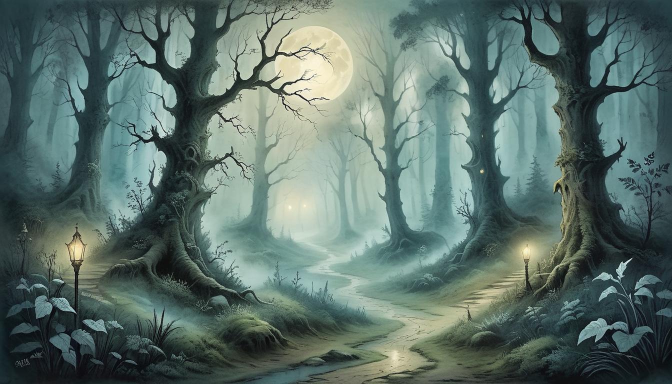  on parchment, surrealism+++, Path winding through an ancient, enchanted forest, moonlight filtering through dense fog, ethereal light casting mystical patterns, unknown destination, magical, serene, mystical, tranquil(mysterious, provocative, symbolic,muted color)+++