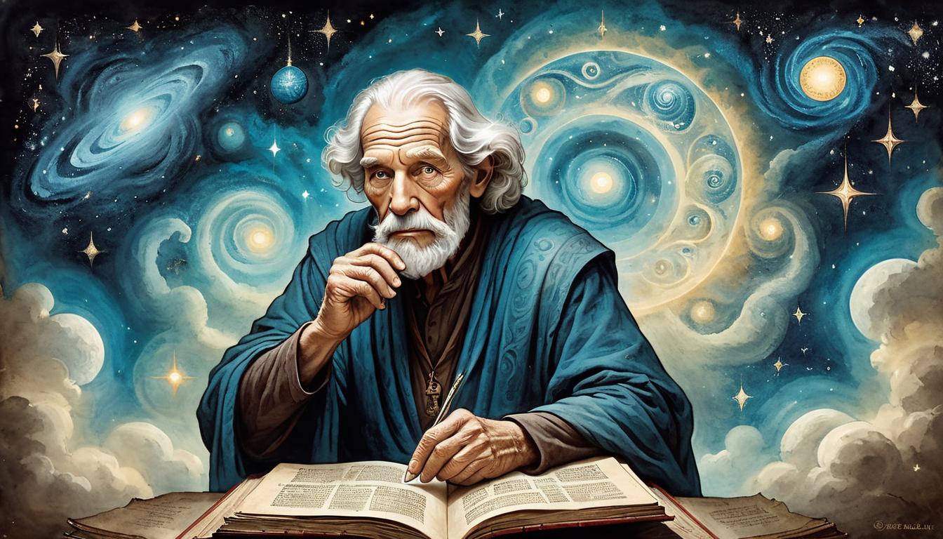  on parchment, surrealism+++, Wise elder, wrinkled face, kind eyes, surrounded by an ethereal glow, cosmic background with swirling galaxies, holding an ancient book, symbolizing hidden knowledge, serene and resolute(mysterious, provocative, symbolic,muted color)+++