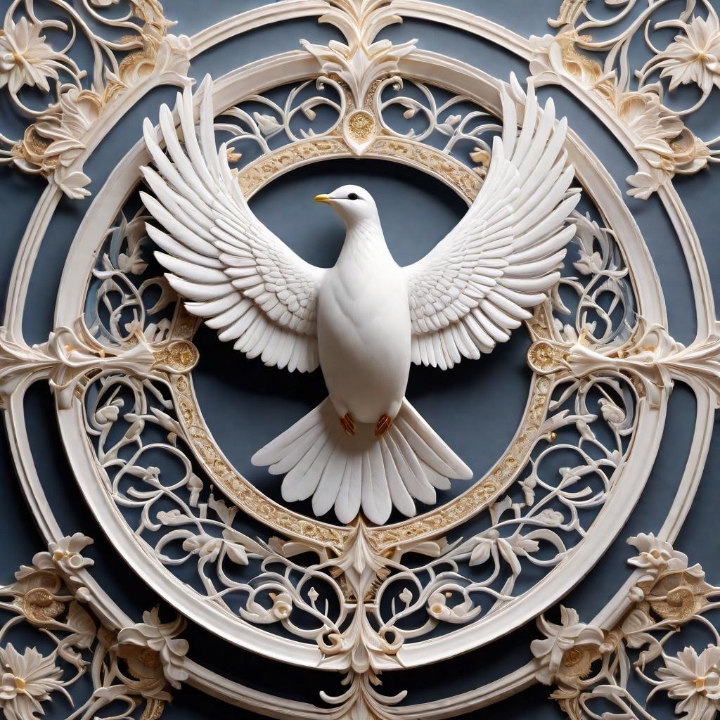  A depiction of a Holy Ghost seal. The seal features an intricate dove with outstretched wings, symbolizing the Holy Spirit. The dove is surrounded by an ornate circular border with rays of light radiating outward. The background is celestial with soft ethereal colors and a sense of divine presence. The design is elegant and spiritual, evoking a sense of reverence and sanctity. hyperrealistic, full body, detailed clothing, highly detailed, cinematic lighting, stunningly beautiful, intricate, sharp focus, f/1. 8, 85mm, (centered image composition), (professionally color graded), ((bright soft diffused light)), volumetric fog, trending on instagram, trending on tumblr, HDR 4K, 8K