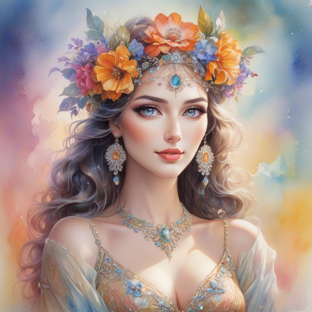  watercolor painting A portrait of a woman with a flower crown and bejeweled accessories against a soft, colorful background. Watercolor in the style of Josephine Wall, Tomasz Allen Kopera, Dariusz Zawadzki, Andreja Peklar, Ivan Shiskine,Create an image of a young woman with a radiant and cheerful expression. Her skin is smooth with a fair complexion. She has large, captivating eyes with a gentle gaze and well defined eyebrows. Her full lips curve into a warm, inviting smile that enhances her approachable aura. Her hair is voluminous and flows in luxurious, well defined waves, cascading around her face and shoulders. The hair color is a soft, monochromatic hue that harmonizes with the colour tone of the image, giving an overall classical and hyperrealistic, full body, detailed clothing, highly detailed, cinematic lighting, stunningly beautiful, intricate, sharp focus, f/1. 8, 85mm, (centered image composition), (professionally color graded), ((bright soft diffused light)), volumetric fog, trending on instagram, trending on tumblr, HDR 4K, 8K