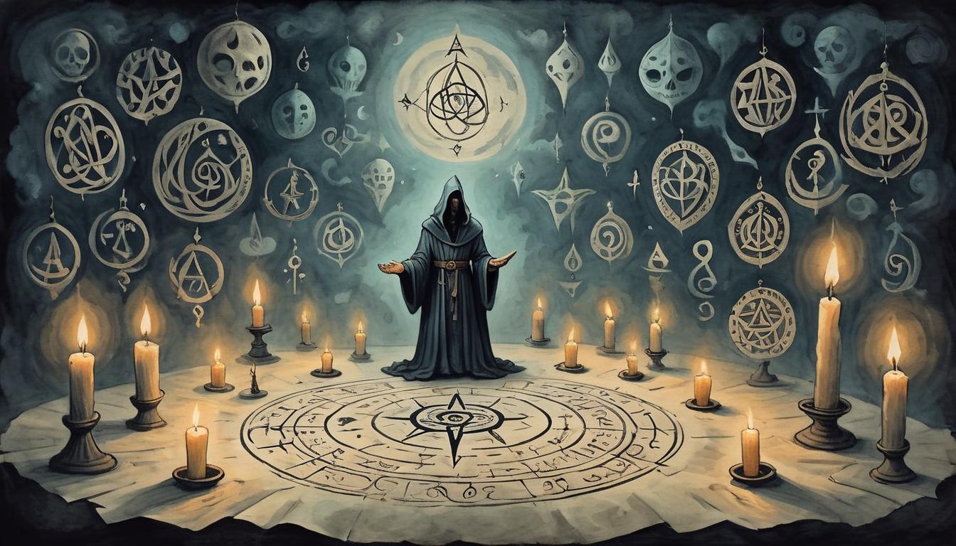  on parchment, surrealism+++, A meditative figure in a dark room, surrounded by floating arcane symbols, soft illumination from candles, introspection, mysticism(mysterious, provocative, symbolic,muted color)+++