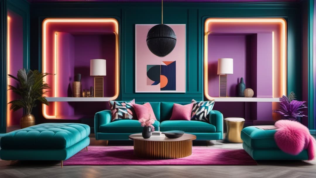  Create an image of a vibrant and eclectic living room inspired by 80s retro home interior decor. Incorporate bold geometric patterns and bright neon colors such as teal, pink, and purple. Feature a large, plush sofa in teal against a backdrop of neon geometric wallpaper. Include accessories like geometric throw pillows, a shaggy rug, and an arc floor lamp. The atmosphere should evoke the energetic and lively vibe of the 80s era. hyperrealistic, full body, detailed clothing, highly detailed, cinematic lighting, stunningly beautiful, intricate, sharp focus, f/1. 8, 85mm, (centered image composition), (professionally color graded), ((bright soft diffused light)), volumetric fog, trending on instagram, trending on tumblr, HDR 4K, 8K