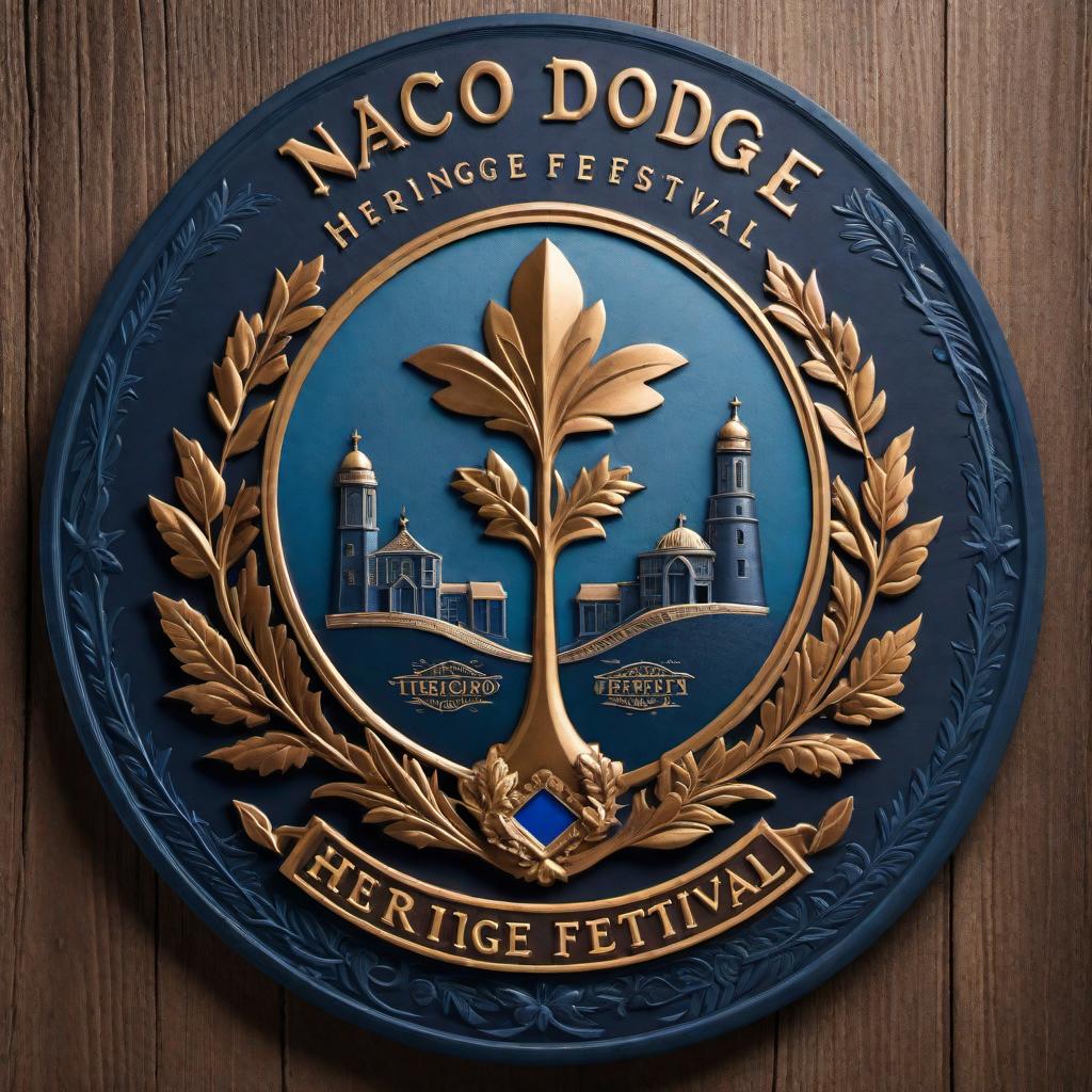  Design a crest or logo for the Nacogdoches Heritage Festival. Include elements like historical buildings, trees, and a sense of community celebration. The color scheme should reflect traditional heritage colors like earth tones and deep blues. hyperrealistic, full body, detailed clothing, highly detailed, cinematic lighting, stunningly beautiful, intricate, sharp focus, f/1. 8, 85mm, (centered image composition), (professionally color graded), ((bright soft diffused light)), volumetric fog, trending on instagram, trending on tumblr, HDR 4K, 8K