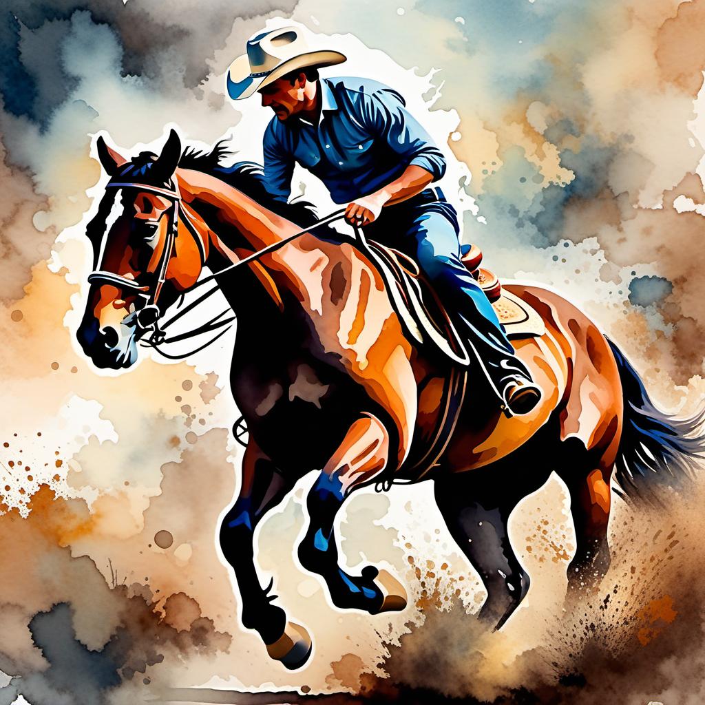  Create a watercolor painting of a man ridding a bucking horse at a rodeo. The background features soft, watercolor style splashes in earthy tones, giving the image an artistic and dreamy feel. Ensure the overall image has a delicate watercolor effect.