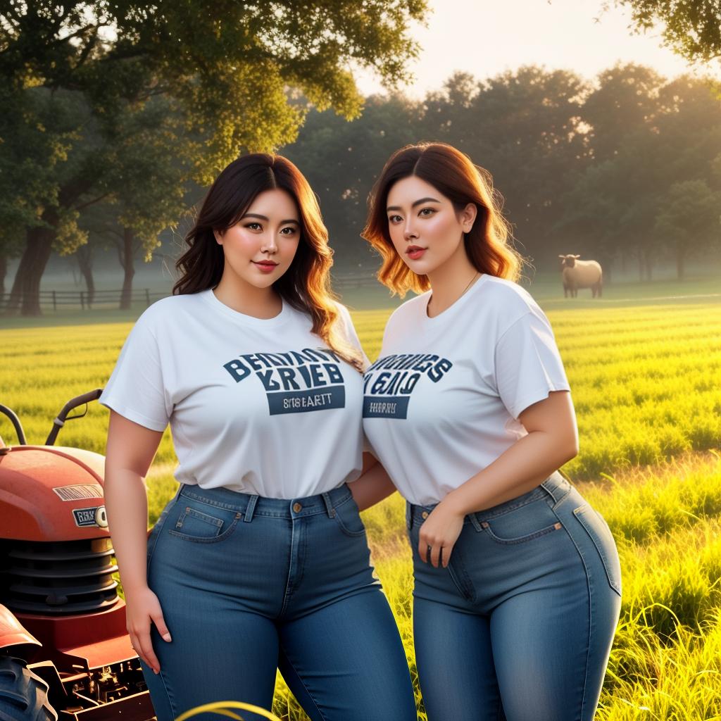  2 Chubby American girls in tshirt and jeans portrait at farm, bulls in Background, Tractor in background, Clean face details hyperrealistic, full body, detailed clothing, highly detailed, cinematic lighting, stunningly beautiful, intricate, sharp focus, f/1. 8, 85mm, (centered image composition), (professionally color graded), ((bright soft diffused light)), volumetric fog, trending on instagram, trending on tumblr, HDR 4K, 8K