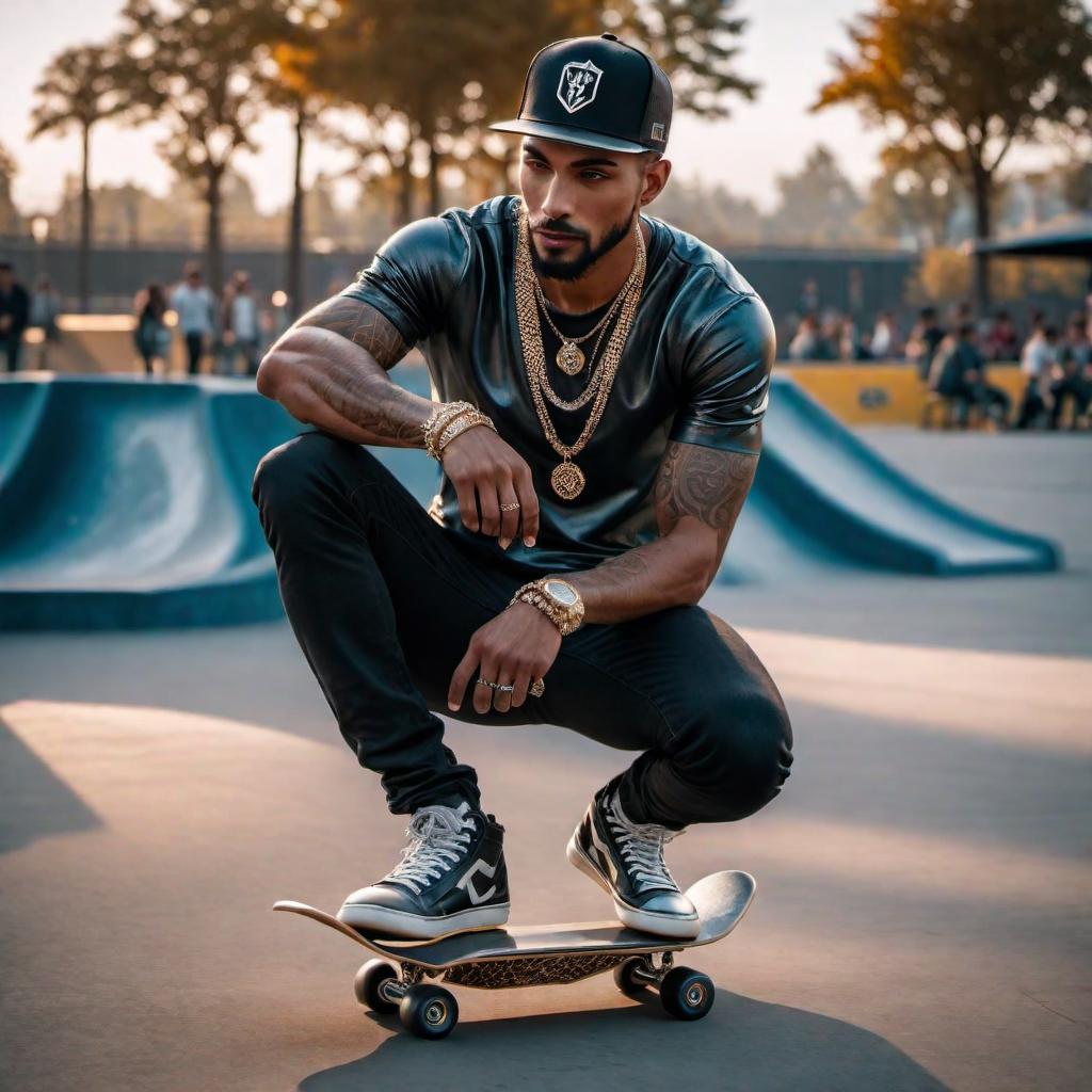  Man at skatepark wearing very shiny diamond jewelry hyperrealistic, full body, detailed clothing, highly detailed, cinematic lighting, stunningly beautiful, intricate, sharp focus, f/1. 8, 85mm, (centered image composition), (professionally color graded), ((bright soft diffused light)), volumetric fog, trending on instagram, trending on tumblr, HDR 4K, 8K