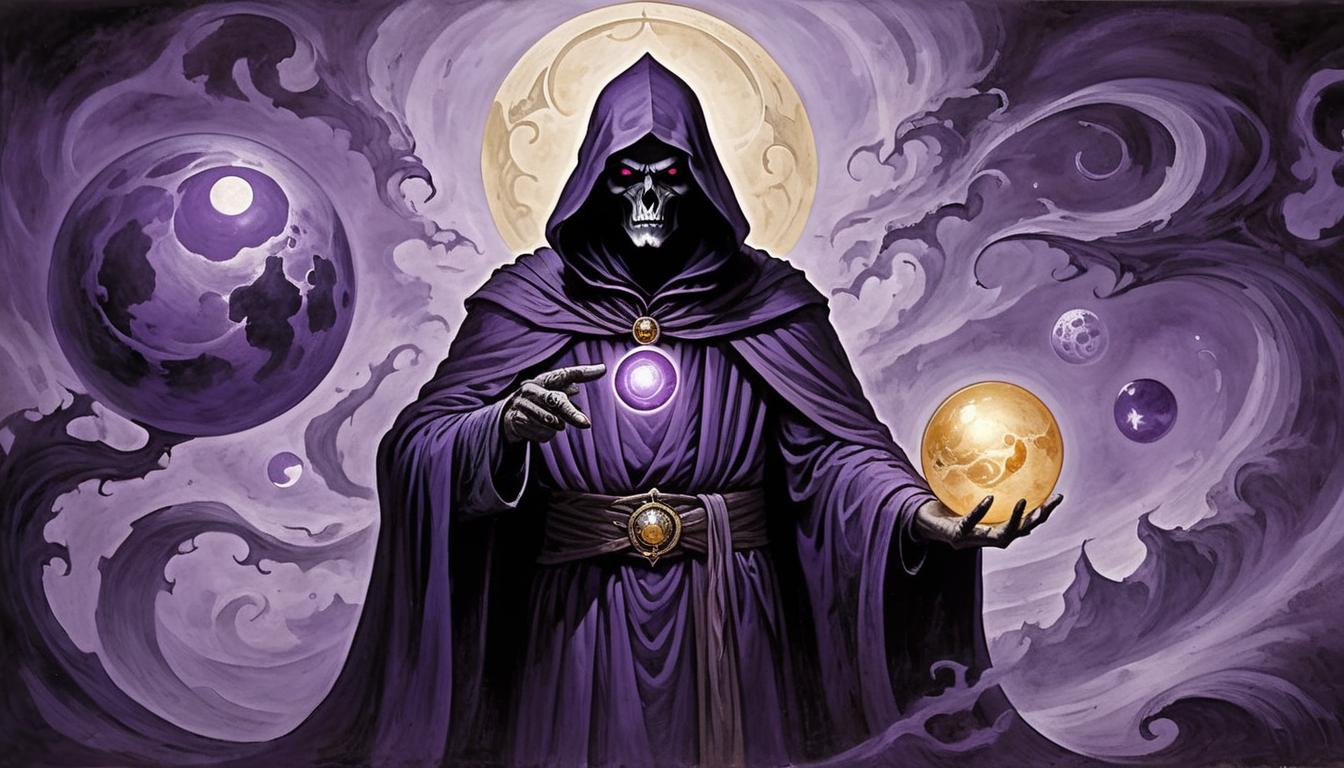  on parchment, surrealism+++, sinister robed figure, holding a glowing orb, eyes sharp and piercing, deep shade of purple, vulnerability exploited, backdrop of swirling shadows, dark and mysterious, power dynamics(mysterious, provocative, symbolic,muted color)+++