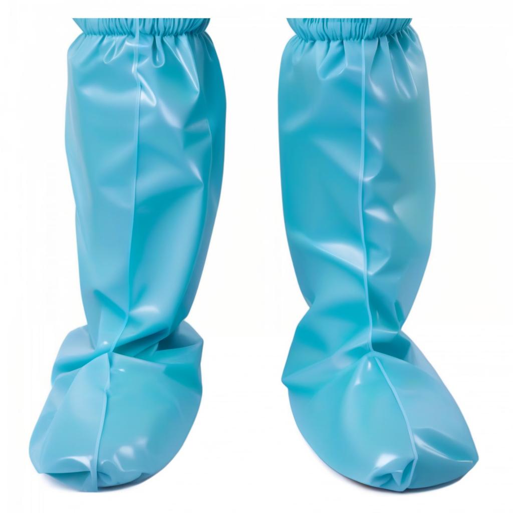  high surgical shoe covers with tape ties look like knee high boots: {The shoe covers secure around the ankle with tape ties and an elastic cuff under the knee}. (the lower part of shoe cover: 1.1) covers the entire foot (from sole to ankle: 1.1) (covered with glossy dark blue latex: 1.1) and (the upper part of shoe cover: 1.1) fits tightly to the calves (from ankle to knee: 1.1) (covered glossy dark green latex: 1.1). hyperrealistic, full body, detailed clothing, highly detailed, cinematic lighting, stunningly beautiful, intricate, sharp focus, f/1. 8, 85mm, (centered image composition), (professionally color graded), ((bright soft diffused light)), volumetric fog, trending on instagram, trending on tumblr, HDR 4K, 8K