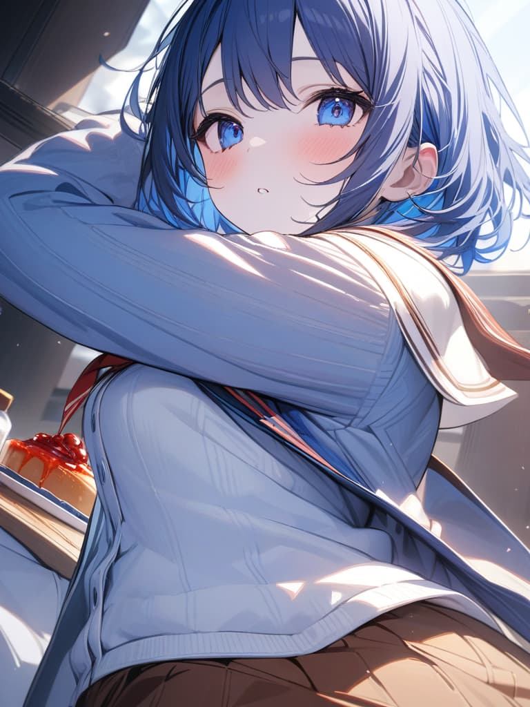  Cute, , blue hair, blue eyes, short bob, thin body, white skin, sauce, , blueberry decoration, cardigan, sailor suit, , upper, masterpiece, best quality,8k,ultra detailed,high resolution,an extremely delicate and beautiful,hyper detail