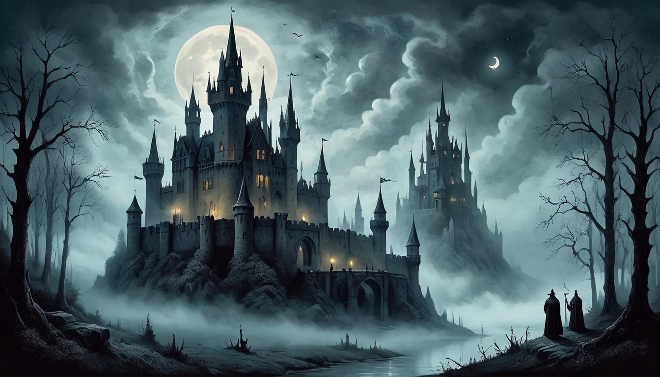  on parchment, surrealism+++, Gothic castle shrouded in mist, towering spires reaching skyward, moonlight casting eerie shadows, sense of isolation, haunting beauty(mysterious, provocative, symbolic,muted color)+++