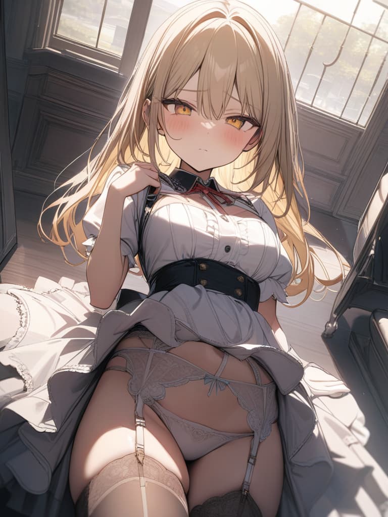  Cute, , blond, , big s, big s, garter belt, shy face, yellow eyes, maid clothes, masterpiece, best quality,8k,ultra detailed,high resolution,an extremely delicate and beautiful,hyper detail