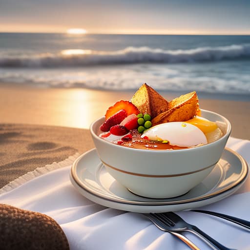  Beautiful breakfast at the beach. hyperrealistic, full body, detailed clothing, highly detailed, cinematic lighting, stunningly beautiful, intricate, sharp focus, f/1. 8, 85mm, (centered image composition), (professionally color graded), ((bright soft diffused light)), volumetric fog, trending on instagram, trending on tumblr, HDR 4K, 8K