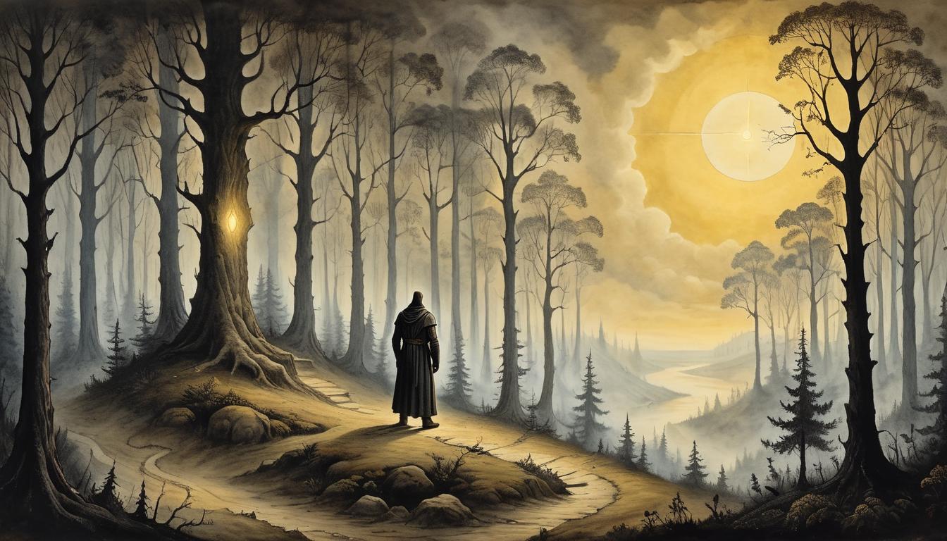  on parchment, surrealism+++, A figure standing on the edge of a dark forest, looking towards a golden horizon, light indicating a blessed path, confidence, divine selection(mysterious, provocative, symbolic,muted color)+++