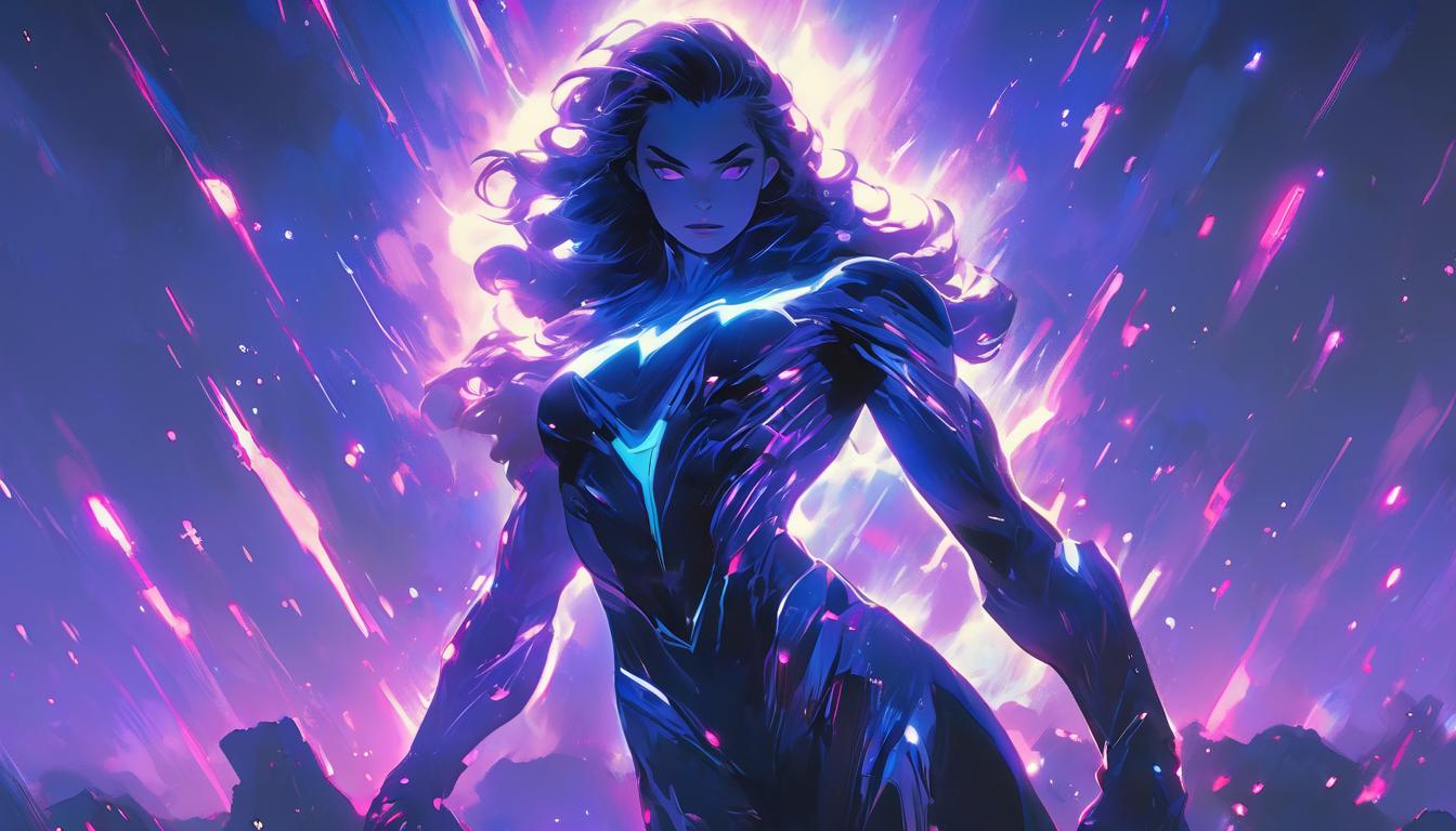  hyperrealism,fantasy aesthetic1woman, large busted attractive brunette arian female humanoid, glowing aura, standing atop a hill, night sky filled with stars, high tech clothing clad in sleek, futuristic costume with metallic accents and form fitting designs, marvel superhero comics style, unreal engine rendering