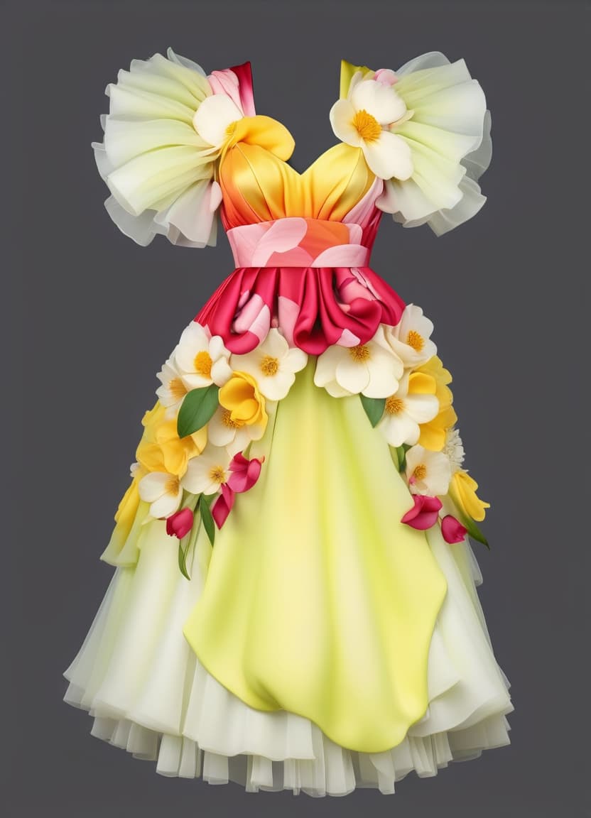  A dress made of flowers, many flowers, (flowers completely cover the fabric:1.0), made of flowers, view 3/4, realism, photorealism, 3D, voluminous, precise. Pleasant, elegant., hkmagic hyperrealistic, full body, detailed clothing, highly detailed, cinematic lighting, stunningly beautiful, intricate, sharp focus, f/1. 8, 85mm, (centered image composition), (professionally color graded), ((bright soft diffused light)), volumetric fog, trending on instagram, trending on tumblr, HDR 4K, 8K