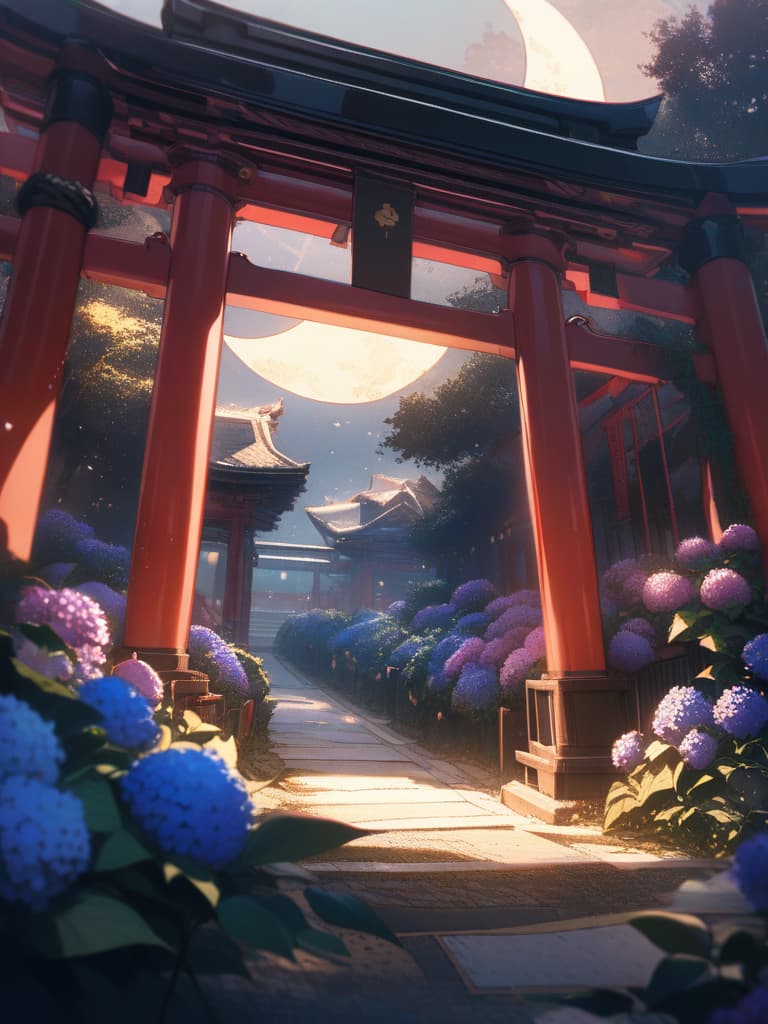  Scenery, crescent moon, night, hydrangea, lots of torii gates, long illustrations, masterpiece, best quality,8k,ultra detailed,high resolution,an extremely delicate and beautiful,hyper detail