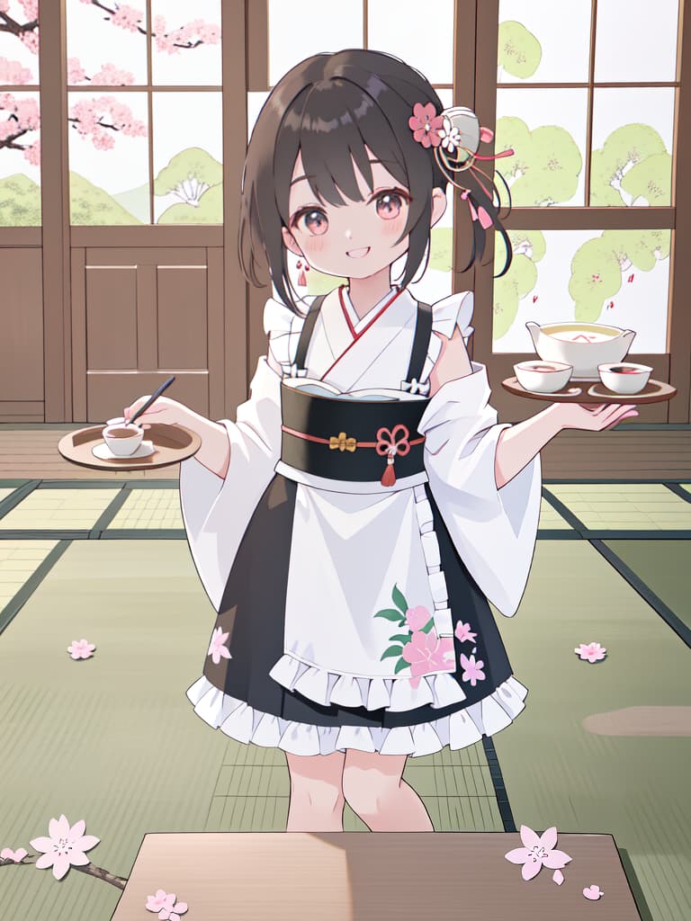  Japanese Painting Style, FRILL APRON, BARE SHOULDER, CARRY A TRAY, HAPPY SMILE, Japanese Cafe, Best Quality: 1.4, ULTRA DETALED EXTURE, Raw PhotOREALISTIC, Absurd Resolution, 8k Illustration, 💩, 💩, 💩, 💩, 💩, 💩,, masterpiece, best quality,8k,ultra detailed,high resolution,an extremely delicate and beautiful,hyper detail