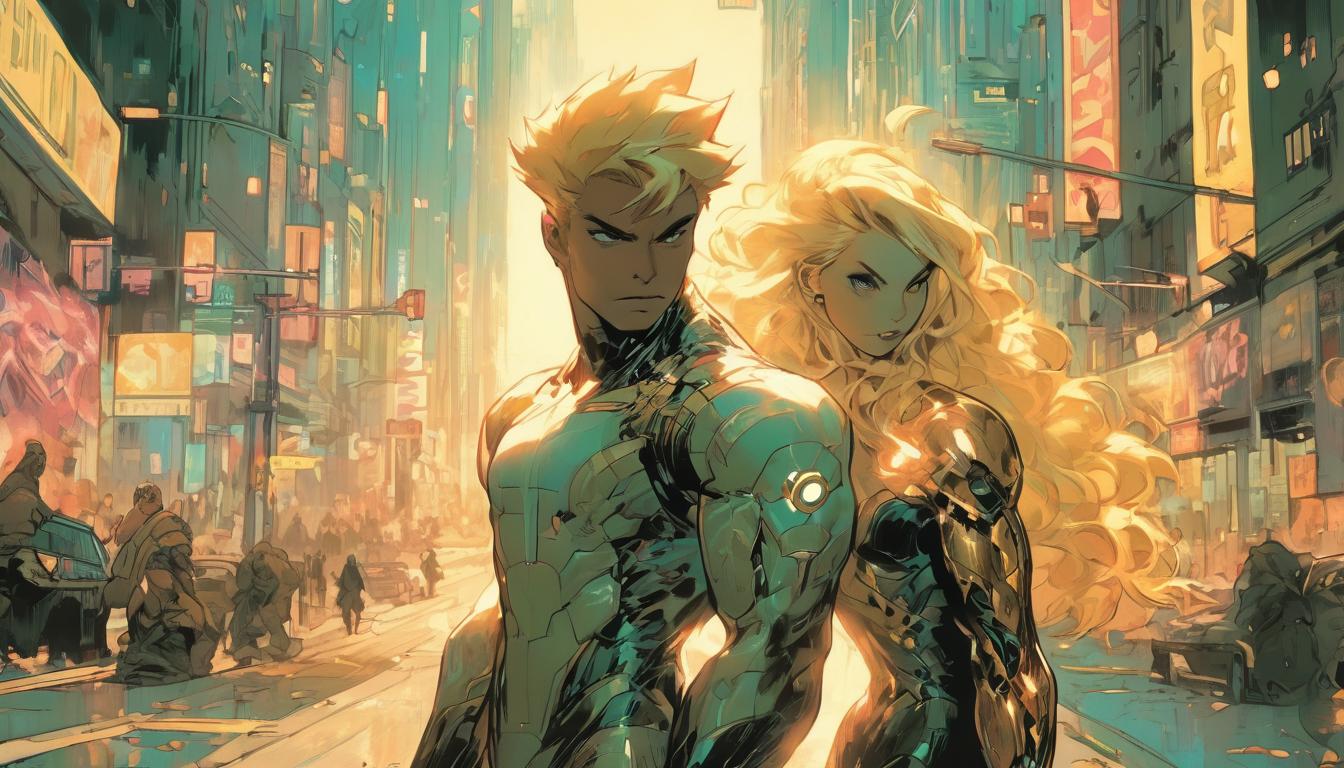  hyperrealism,fantasy aesthetic1man1woman, large busted attractive blonde arian female humanoid and handsome male humanoid, standing at a crossroad, luminous light in the distance, expressions of decision making, high tech clothing clad in sleek, futuristic costume with metallic accents and form fitting designs, marvel superhero comics style, unreal engine rendering