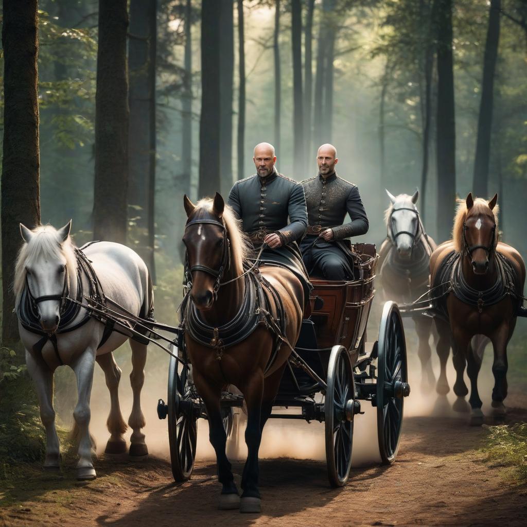  Arbalest in hands. Vacant look. Evil smile. Behind, a forest and a carriage with four horses. Bald man in a deadly shirt. hyperrealistic, full body, detailed clothing, highly detailed, cinematic lighting, stunningly beautiful, intricate, sharp focus, f/1. 8, 85mm, (centered image composition), (professionally color graded), ((bright soft diffused light)), volumetric fog, trending on instagram, trending on tumblr, HDR 4K, 8K