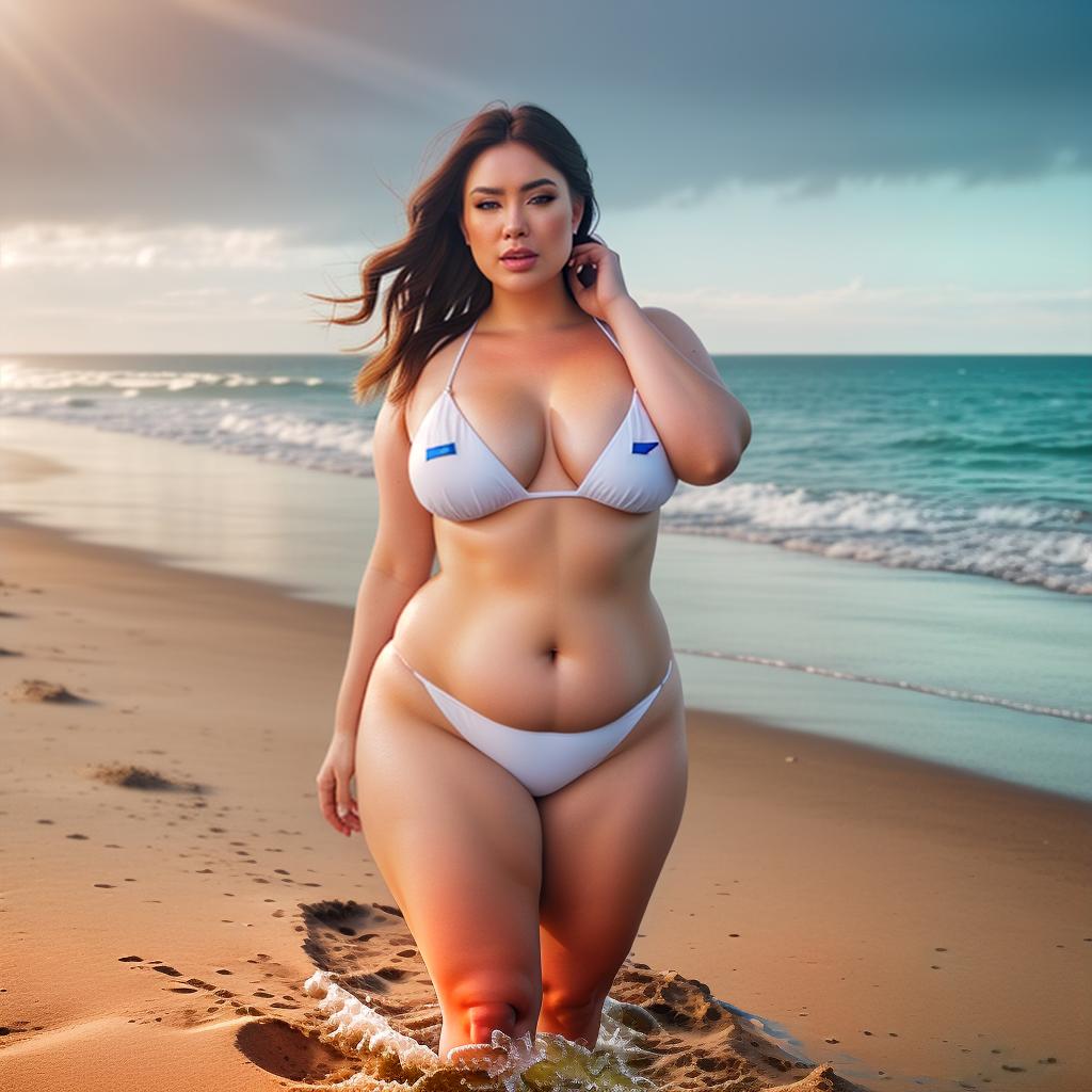  a Chubby American gir at beach, portrait, Jean's, low saturation hyperrealistic, full body, detailed clothing, highly detailed, cinematic lighting, stunningly beautiful, intricate, sharp focus, f/1. 8, 85mm, (centered image composition), (professionally color graded), ((bright soft diffused light)), volumetric fog, trending on instagram, trending on tumblr, HDR 4K, 8K