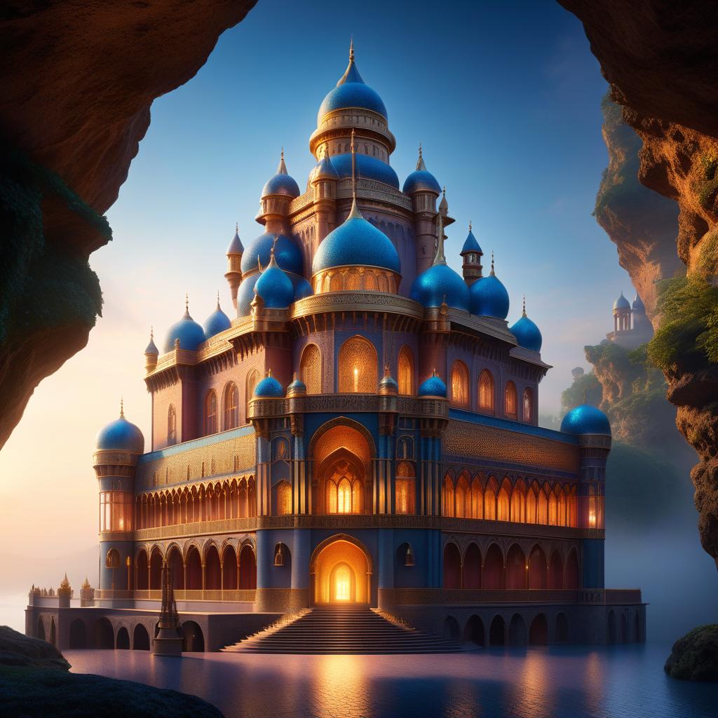  ethereal fantasy concept art of ((The building of the Palace of the Queen of Sheba)). On a square base stood a round four storey tower topped with crenellations. The tower was adorned with arches of blown glass that supported balconies overlooking the city. The railings and walls were studded with sapphires, diamonds and rubies. The golden and silver roofs shone dimly in the bluish sparkles that glittered beneath the vaults of the cave. Translated with DeepL.com (free version) . magnificent, celestial, ethereal, painterly, epic, majestic, magical, fantasy art, cover art, dreamy, hkmagic hyperrealistic, full body, detailed clothing, highly detailed, cinematic lighting, stunningly beautiful, intricate, sharp focus, f/1. 8, 85mm, (centered image composition), (professionally color graded), ((bright soft diffused light)), volumetric fog, trending on instagram, trending on tumblr, HDR 4K, 8K