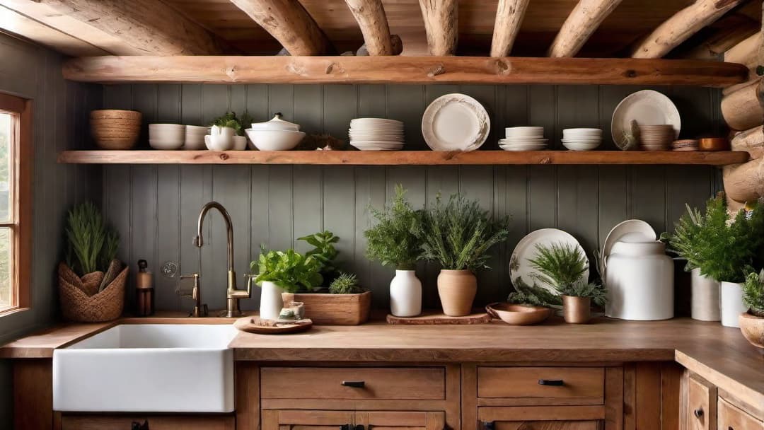  Open shelving in a log cabin kitchen, rustic wooden shelves, exposed log beams, natural light, farmhouse sink, vintage crockery, potted herbs, cozy and inviting atmosphere, earthy tones, natural textures.