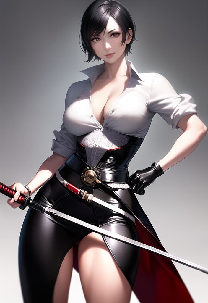  black hair, very short hair, older sister, mature, white dress shirt, red corset, black leather pants, long katana, from head to thigh, muscular, precise eyes, precise hands, Japanese armor on shoulders and arms, smiling, (Masterpiece, BestQuality:1.3), (ultra detailed:1.2), (hyperrealistic:1.3), (RAW photo:1.2),High detail RAW color photo, professional photograph, (Photorealistic:1.4), (realistic:1.4), ,professional lighting, (japanese), beautiful face, (realistic face)