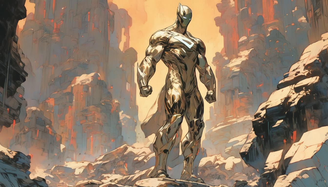  hyperrealism,fantasy aestheticAn uphill path with obstacles, a figure triumphantly at the peak, arms raised, overcoming adversity, achievement, greatness., high tech clothing clad in sleek, futuristic costume with metallic accents and form fitting designs, marvel superhero comics style, unreal engine rendering