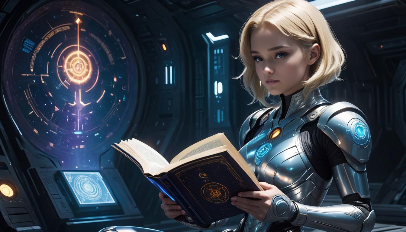  1girl, large busted blonde arian female humanoid, reading from an ancient cosmic book, holographic symbols, high tech clothing clad in sleek, futuristic costume with metallic accents and form fitting designs, marvel superhero comics style, unreal engine rendering