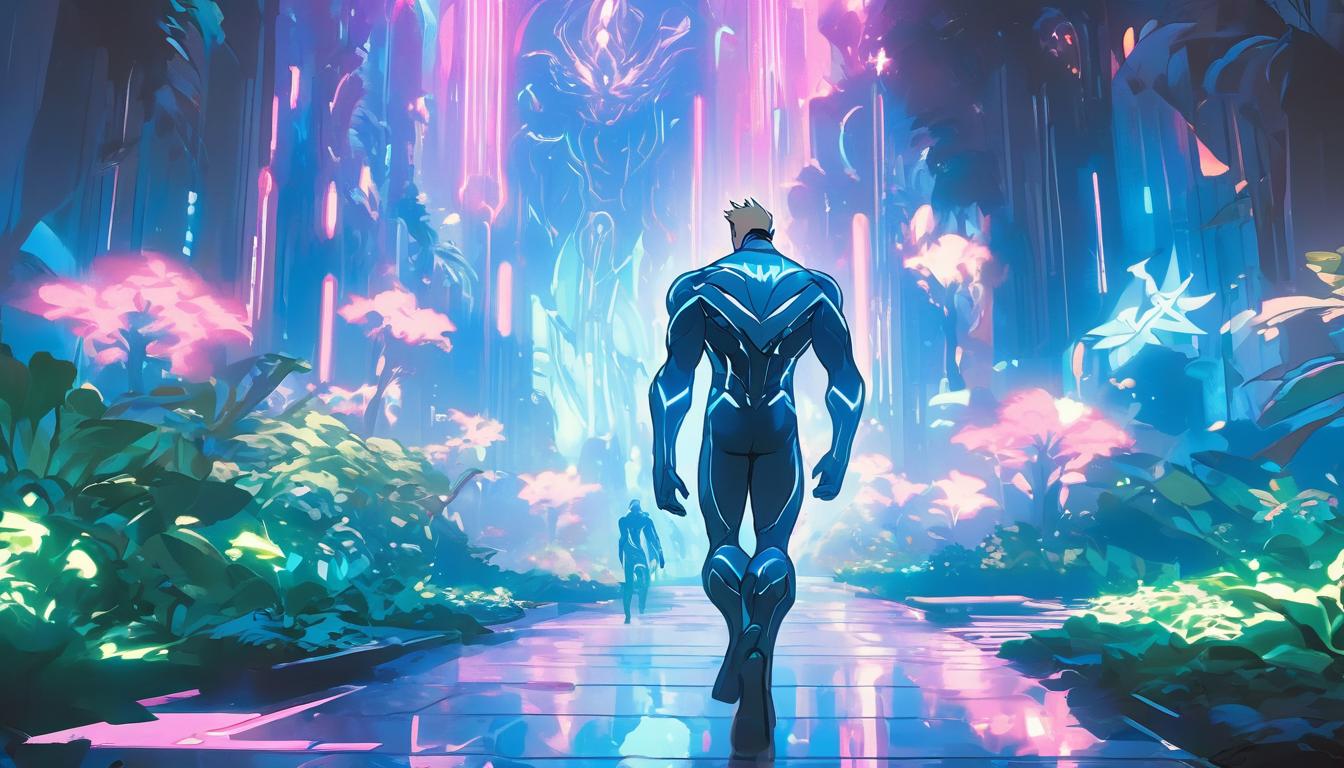  hyperrealism,fantasy aesthetic1man, attractive blonde male humanoid, strolling through a futuristic park, holographic plants, benches of light, high tech clothing clad in sleek, futuristic costume with metallic accents and form fitting designs, marvel superhero comics style, unreal engine rendering